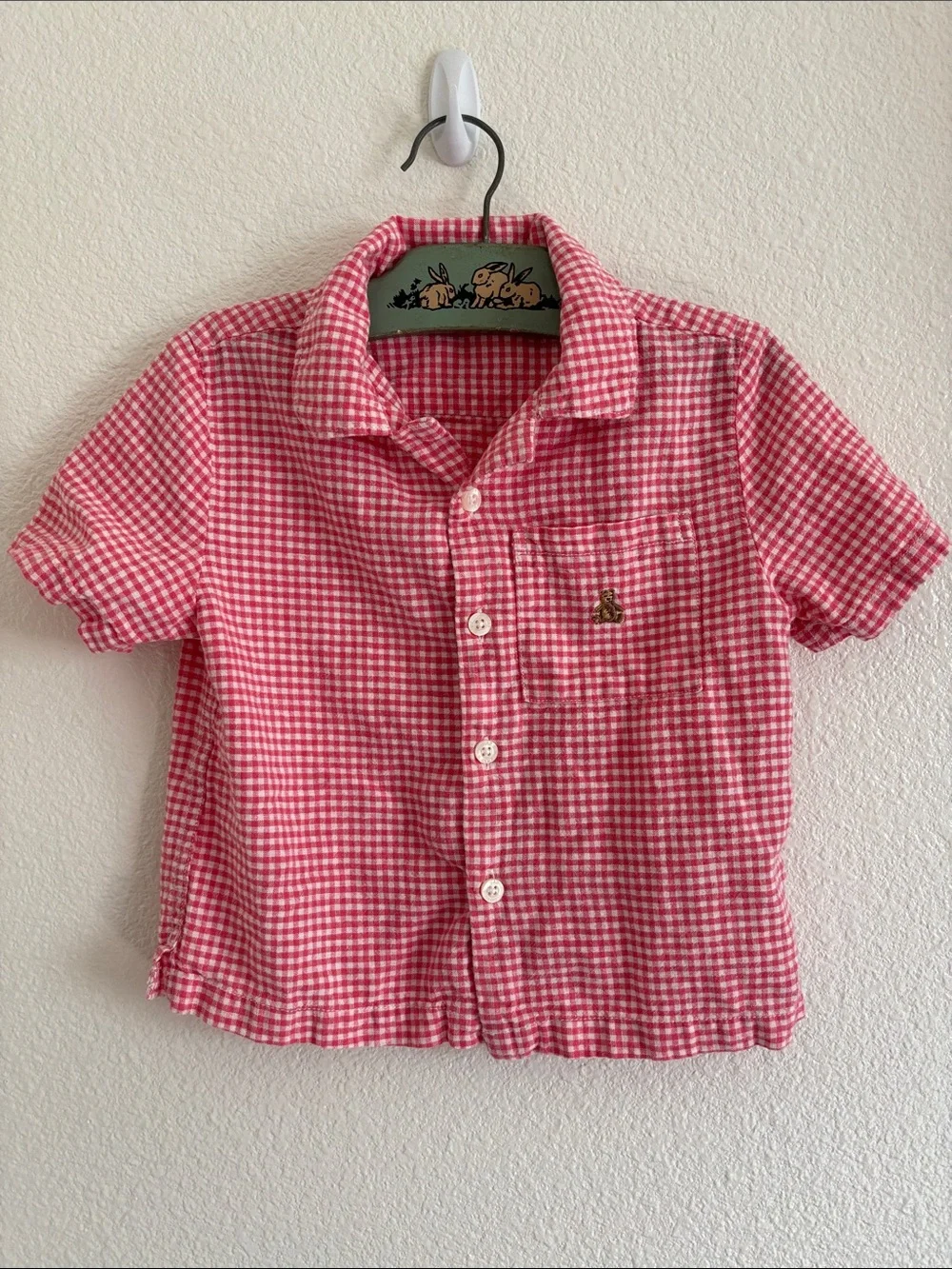 Baby Gap Cotton Linen Salmon & White Gingham Short Sleeve Button Down Shirt